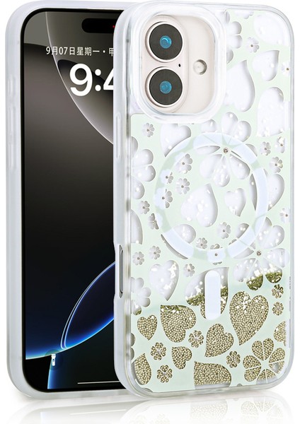 iPhone 16 Uyumlu Kılıf Sıvılı Simli Baskılı Şeffaf Arka Yüzey Effx Mossa Silikon Kapak-Gold