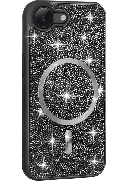 iPhone 16E Kılıf Pırlanta Tasarımlı M-Safe Şarj Özellikli Effx Mozaik Silikon Kapak - Siyah