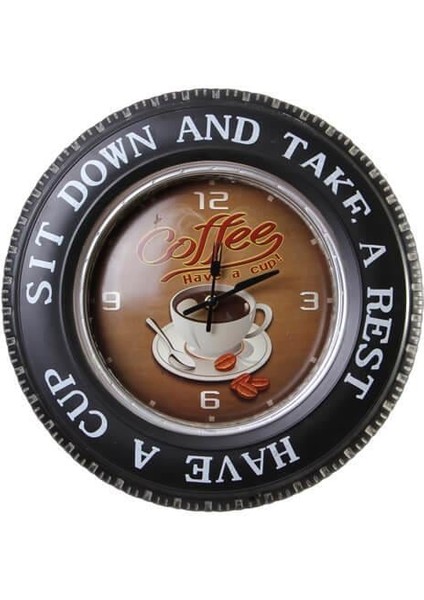 Dekoratif Araba Tekerleği Coffea Timetemalı Saatli LED Işıklı