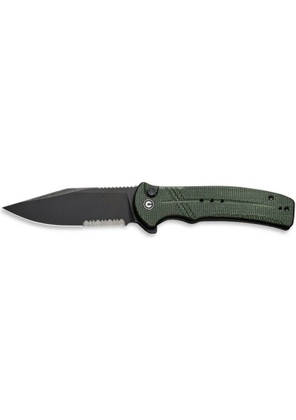 Cogent Flipper & Button Lock Knife Blackwashed Serrated Green Micarta Handle Çakı