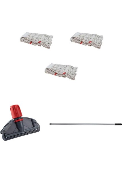 3'lü Beyaz Dar Yedek Islak Mop Takımı, Metal Saplı ve Tutucu ile 17 cm
