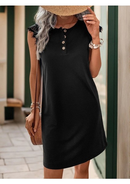 Kadın Kısa Dantel Kollu Önden Düğmeli Viskon Elbise fırsatları