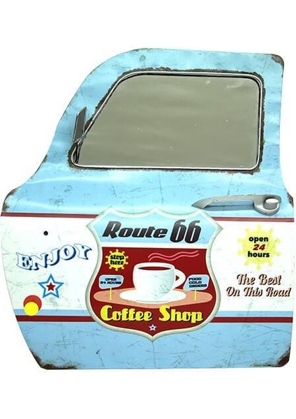 Dekoratif Route 66 Coffeetemalı Mavi Araba Kapısı Ayna