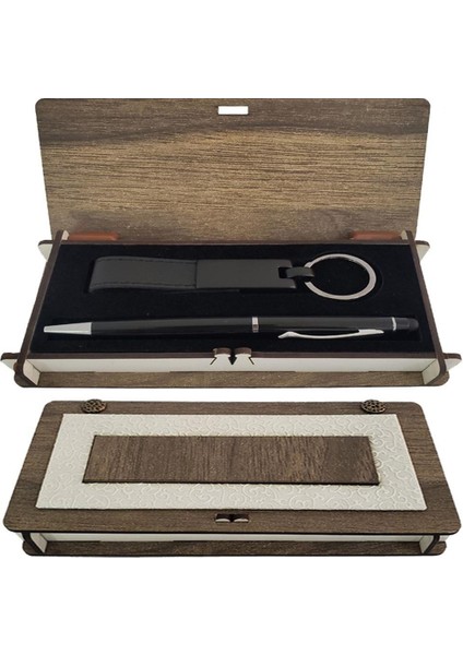 Ahşap Kutulu Siyah Kalem Anahtarlık Set Dekoratif Hediyelik
