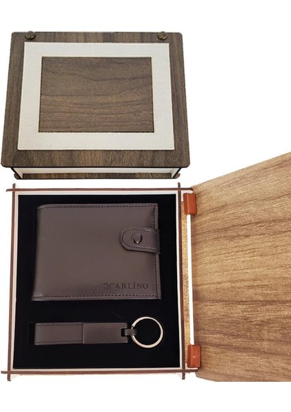 Ahşap Kutulu Deri Cüzdan Anahtarlık Set Dekoratif Hediyelik