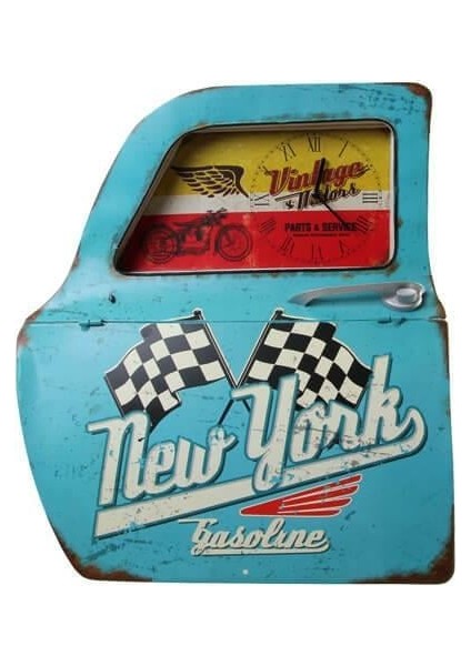 Dekoratif Newyork Temalı Mavi Araba Kapısı Saatli Duvar Rafı