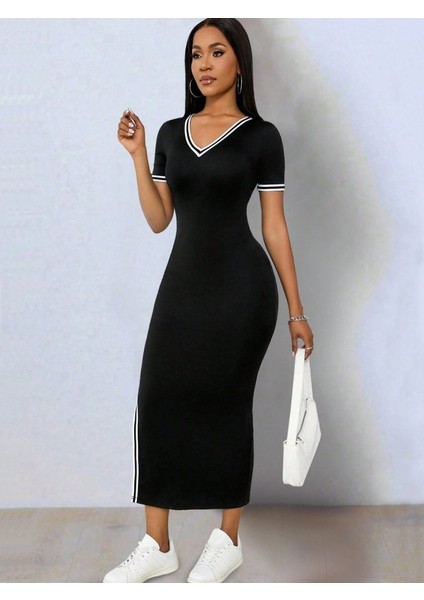 Aknbutik Kadın Kısa Kollu V Yakalı Yandan Yırtmaçlı Viskon Iki Iplik Elbise fırsatları