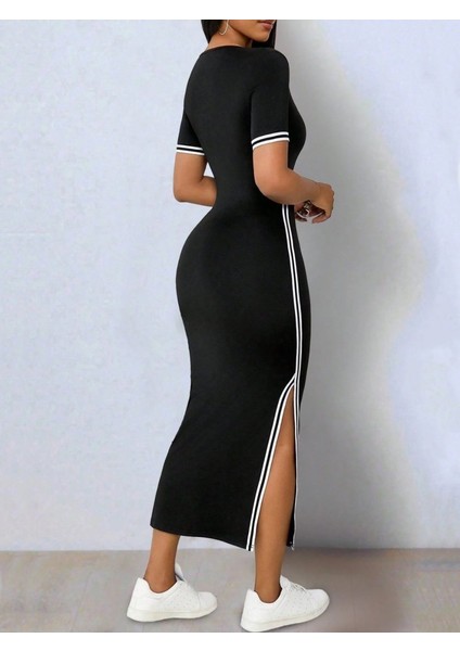 Aknbutik Kadın Kısa Kollu V Yakalı Yandan Yırtmaçlı Viskon Iki Iplik Elbise indirimleri