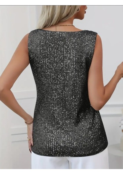 Pul Payetli Sıfır Kol Bluz -Siyah