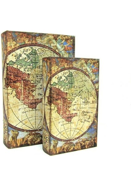Kutu Kitap Harita 2'li Set Kitap Kutusu Dekoratif Hediyelik