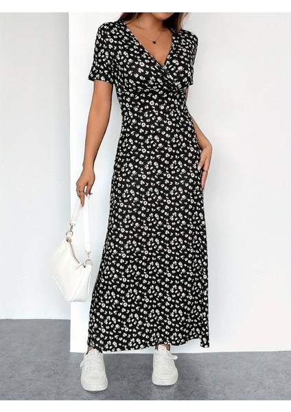 Kadın Kısa Kollu Kruvaze Yakalı Çiçek Desenli Süprem Elbise fiyatları