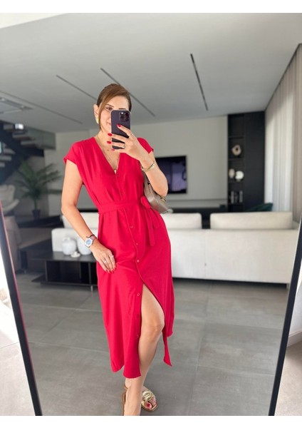 Kadınn V Yaka Düğme Detay Kuşak Dahil Elbise fırsatları