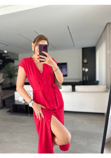 Kadınn V Yaka Düğme Detay Kuşak Dahil Elbise