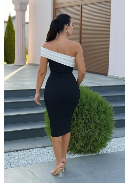 Kadın Omuz Dekolteli Arkası Büzgü Detay Midi Boy Elbise fiyatları