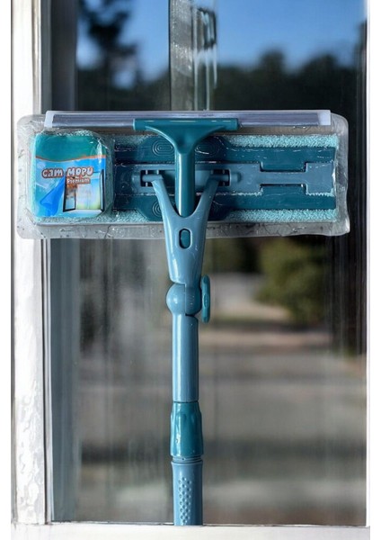 Su Yeşili Mikrofiber Cam Temizleme Seti, Yedek Bezli, Çekçekli Aparat