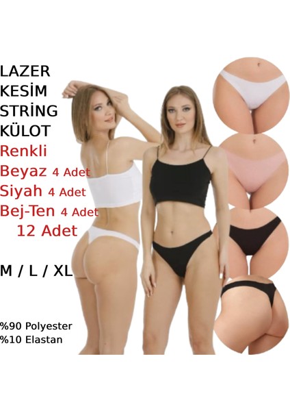 Kadın Lazer Kesim String Tanga Külot 12 Adet Beyaz Siyah Bej Pudra Renkli modelleri