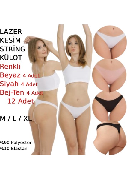Kadın Lazer Kesim String Tanga Külot 12 Adet Beyaz Siyah Bej Pudra Renkli indirimleri