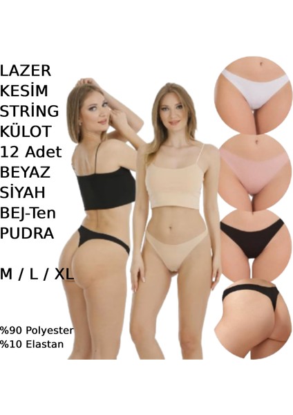 Kadın Lazer Kesim String Tanga Külot 12 Adet Beyaz Siyah Bej Pudra Renkli