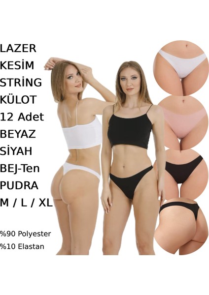 Kadın Lazer Kesim String Tanga Külot 12 Adet Beyaz Siyah Bej Pudra Renkli fiyatları