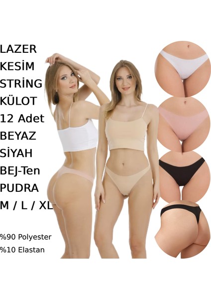 Kadın Lazer Kesim String Tanga Külot 12 Adet Beyaz Siyah Bej Pudra Renkli modelleri