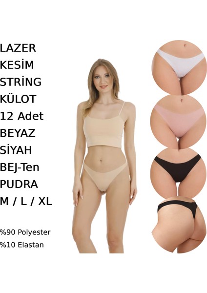 Kadın Lazer Kesim String Tanga Külot 12 Adet Beyaz Siyah Bej Pudra Renkli indirimleri