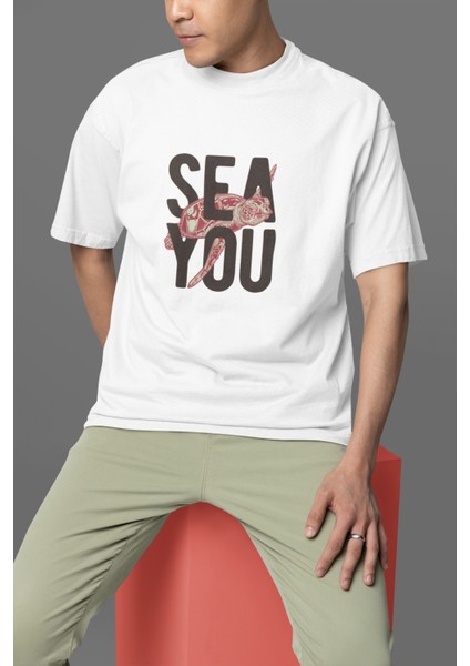 Erkek Sea You Transfer Baskılı Yuvarlak Yaka Kısa Kol Tişört