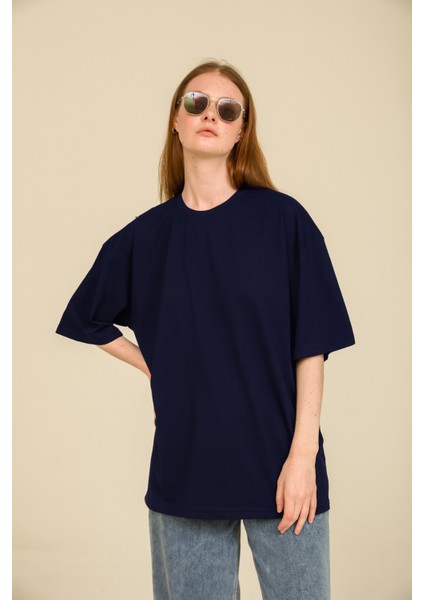 Kadın Lacivert Oversize Bisiklet Yaka %100 Organik Pamuk Düz Basic Yazlık T-Shirt fırsatları
