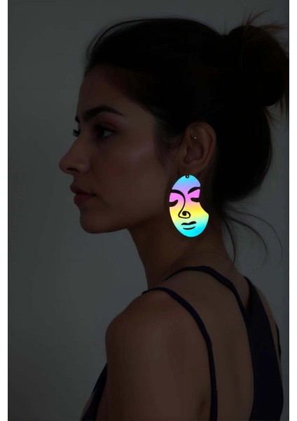 Rainbow Reflektörlü Soyut Kadın Yüzü Küpe, Şık Lazer Kesim Küpe