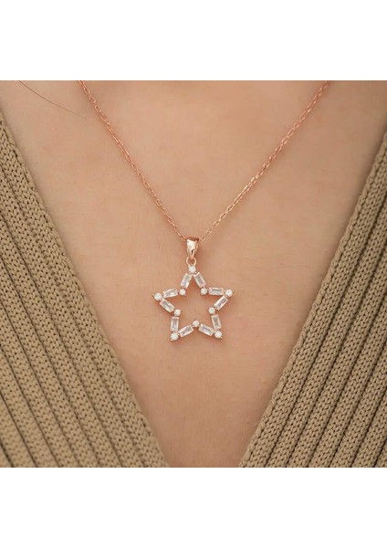 ​925 Ayar Gümüş Rose Baget Taşlı Yıldız Kolye fiyatları