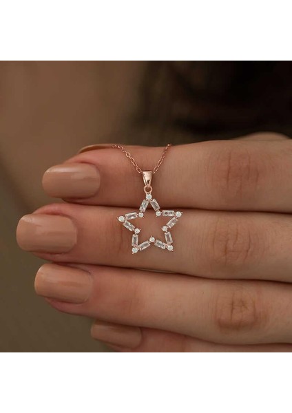 ​925 Ayar Gümüş Rose Baget Taşlı Yıldız Kolye modelleri