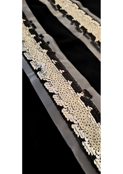 Beyaz Tül Üzerine Siyah Gümüş Pul Payet Şerit