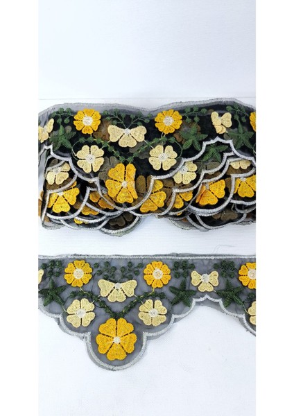 Siyah Tül Üzerine Sarı Çiçek Işlemeli Nakış Şerit modelleri