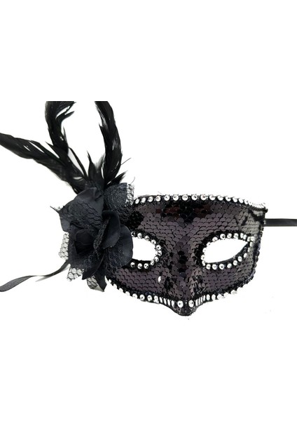 Siyah Renk Yandan Tüylü Güllü Gümüş Taşlı Pullu Maske 20X22 cm fiyatları