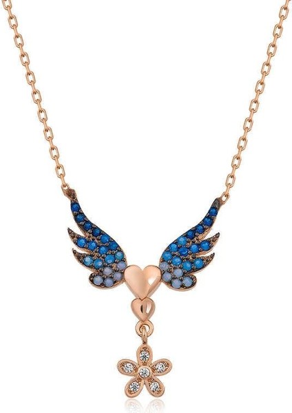 925 Ayar Gümüş Çiçekli Kanatlı Kalpli Kadın Gümüş Kolye