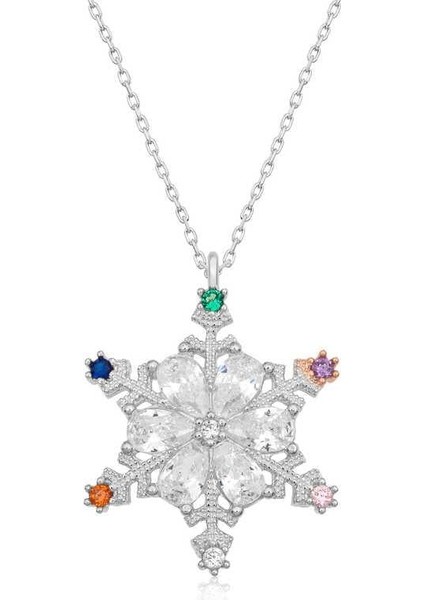 925 Ayar Gümüş Renkli Taşlı Kar Tanesi Kadın Gümüş Kolye
