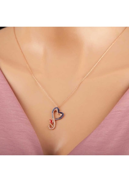 Gümüş Rose Kalpli Kelebek Kadın Kolye