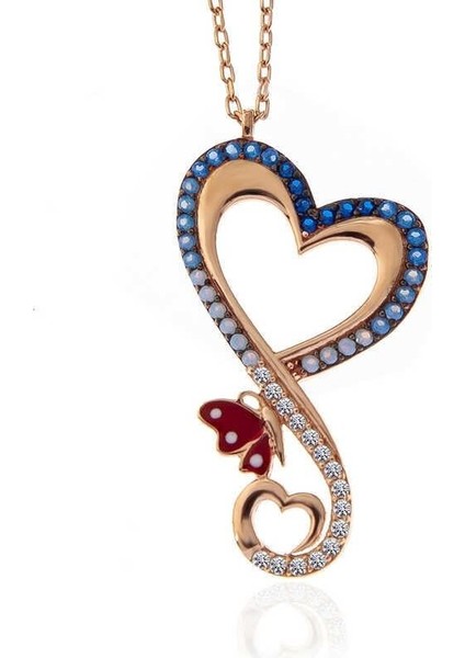 Gümüş Rose Kalpli Kelebek Kadın Kolye modelleri