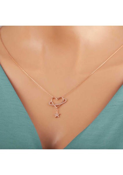 925 Ayar Gümüş Rose Kalp Yıldız Kadın Kolye fırsatları
