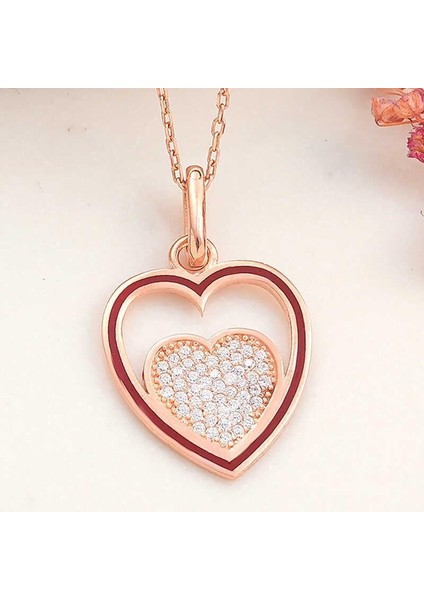 925 Ayar Gümüş Rose Kalp Kadın Kolye