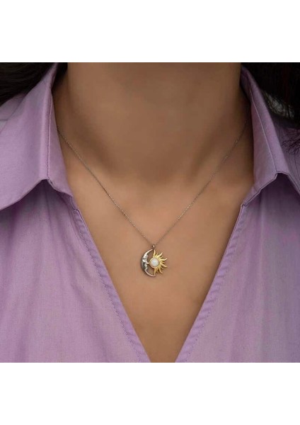 925 Ayar Gümüş Opal Beyaz Taşlı Ay Güneş Kadın Kolye fiyatları