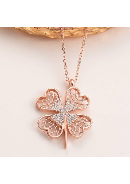 925 Ayar Gümüş Rose Dört Yapraklı Yonca Kadın Kolye