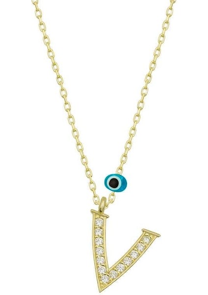 925 Ayar Gümüş Nazar Gold V Harfi Kadın Gümüş Kolye