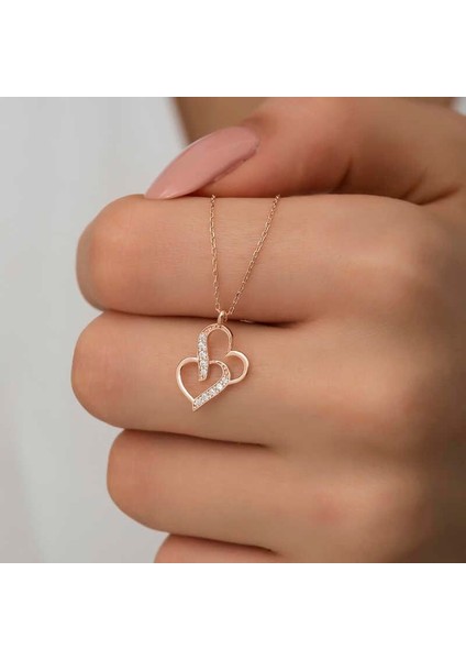 925 Ayar Gümüş Rose Birleşmiş Kalpler Kadın Gümüş Kolye