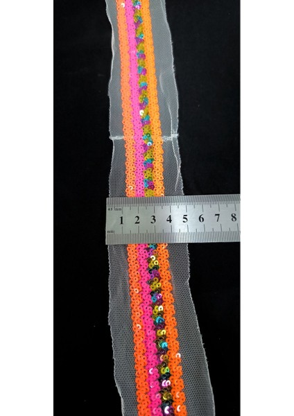 Beyaz Tül Üzerine Neon Turuncu ve Renkli Pul Payet Şerit fırsatları