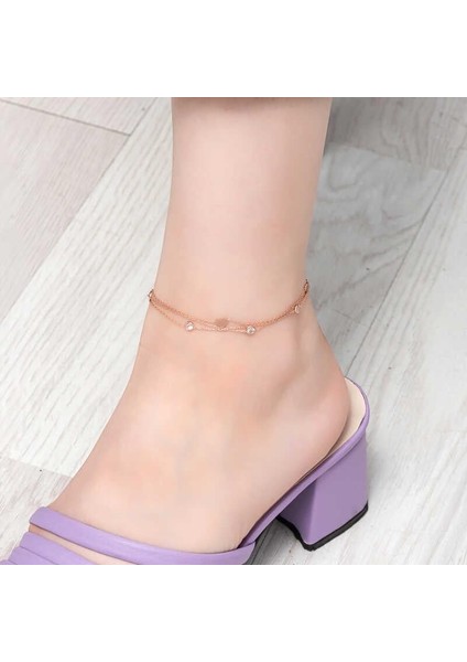 Gümüş Rose Çift Zincirli Kalp Zirkon Taşlı Halhal fiyatları