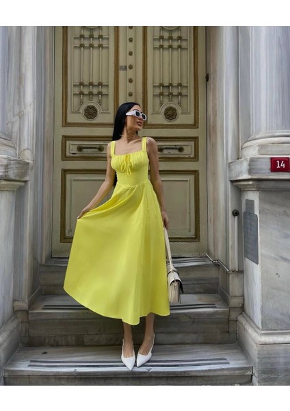Premium Sarı Midi Boy Bağcıklı Pamuklu Çan Elbise