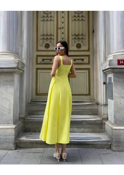 Premium Sarı Midi Boy Bağcıklı Pamuklu Çan Elbise fırsatları