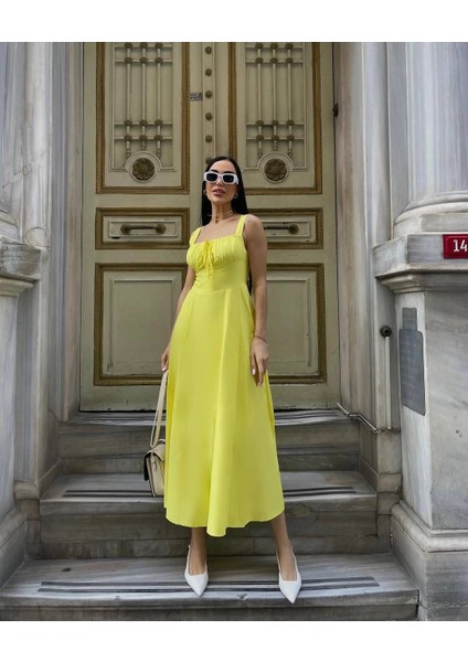Premium Sarı Midi Boy Bağcıklı Pamuklu Çan Elbise indirimleri