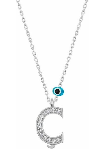 925 Ayar Gümüş Nazar Rodyum Ç Harfi Kadın Gümüş Kolye