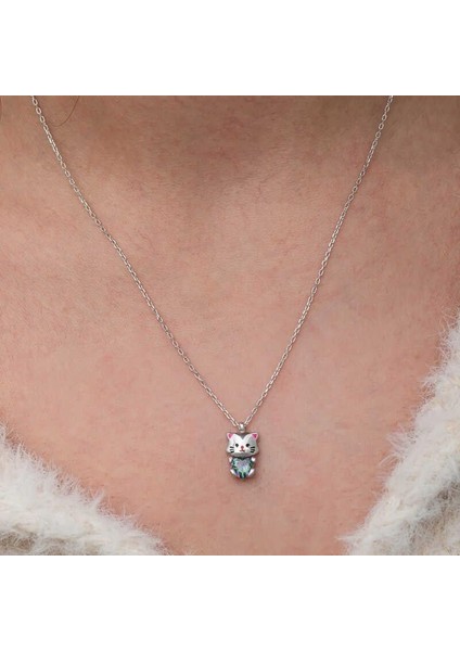 Gümüş Mistik Topaz Taşlı Sevimli Kedi Kolye indirimleri